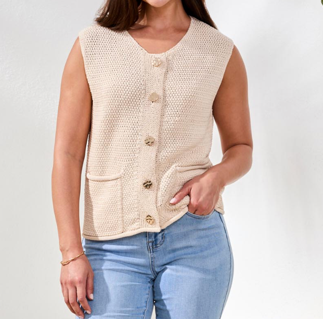 Cream Crochet Knit Button-Front Vest