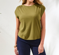 Olive Green Pleated Shoulder Cap Sleeve Top