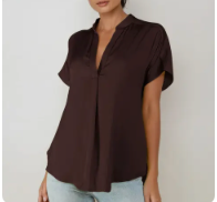 Chocolate Brown V-Neck Cap Sleeve Blouse