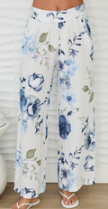 Blue Floral Wide-Leg Pants