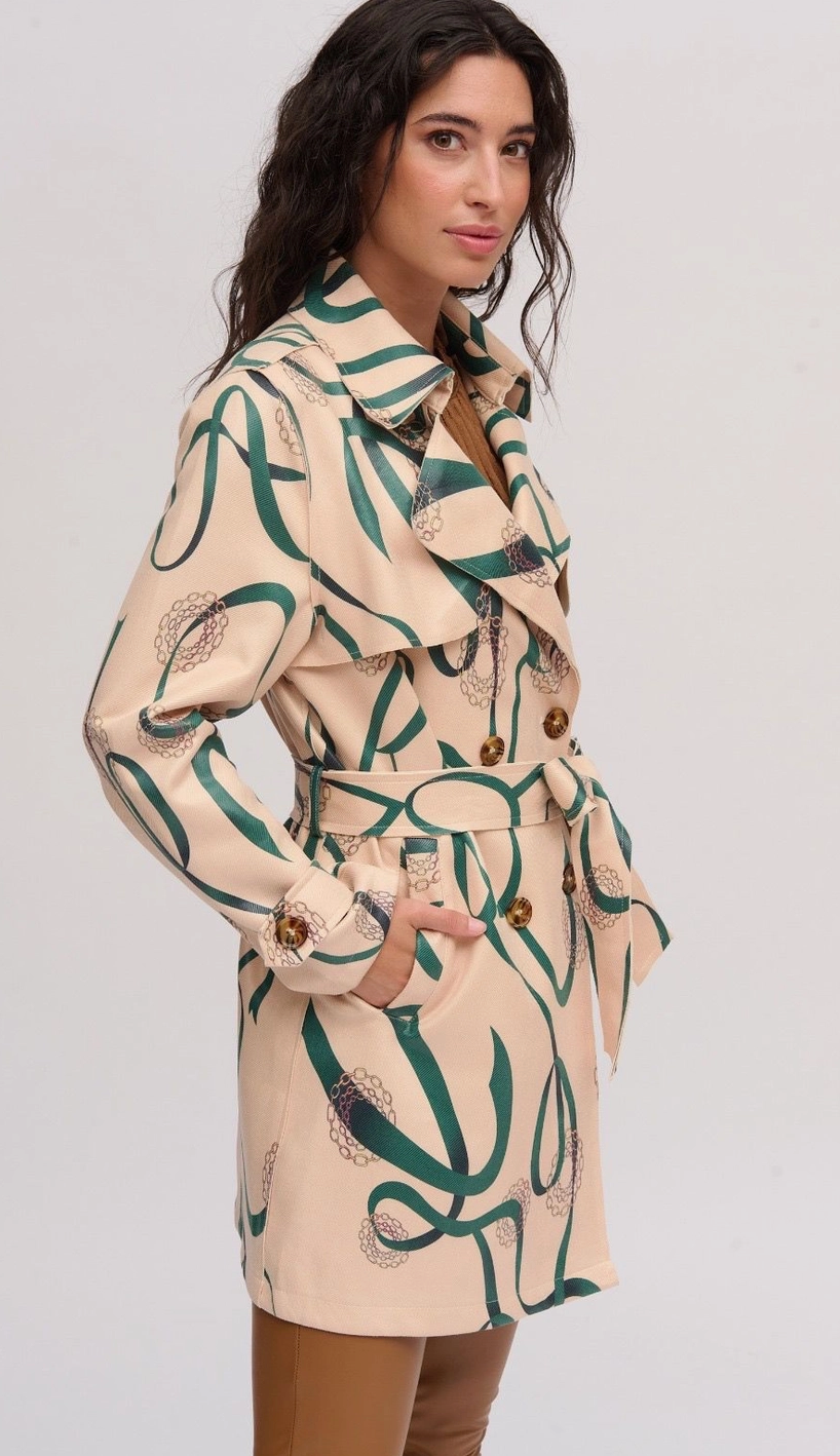 Green Swirl Printed Trench Coat